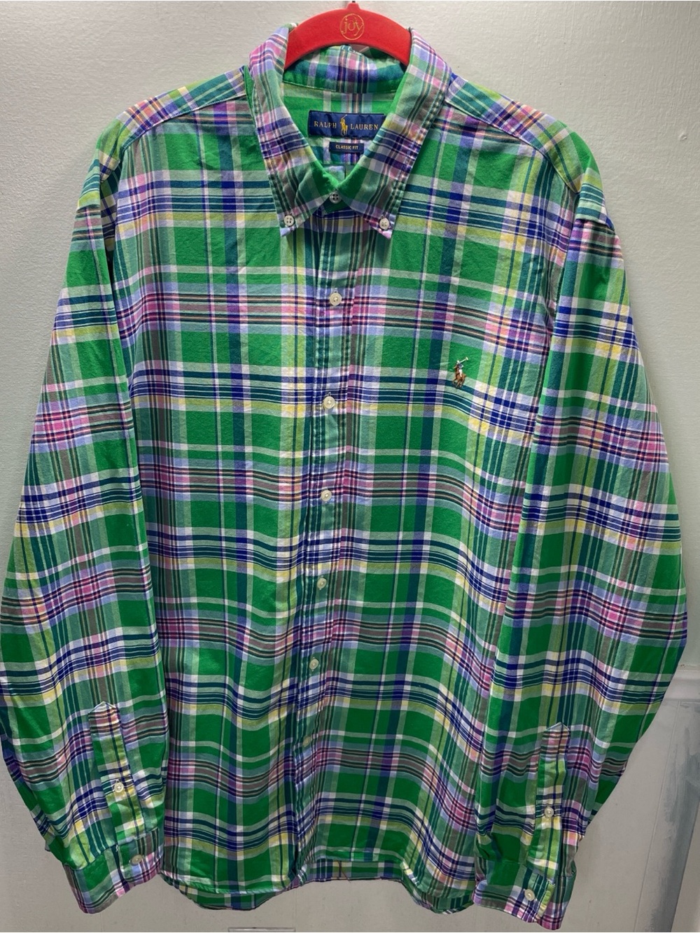 Ralph Lauren Green Plaid Button-Down Shirt with Pink & Blue Accents